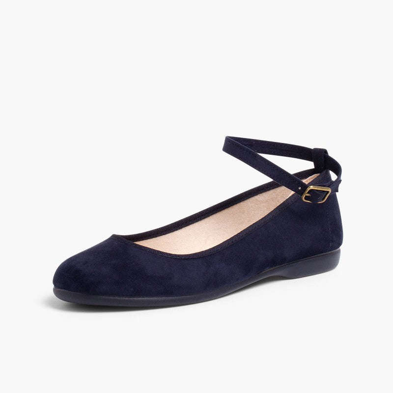 Alpargata niña tipo bailarina de lino con cinta color azul marino