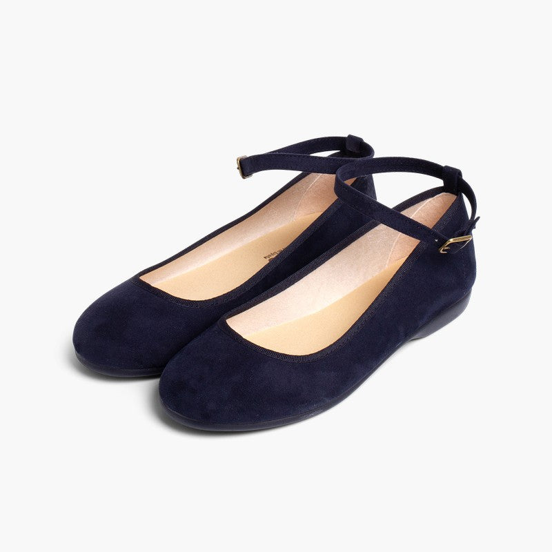 Alpargata niña tipo bailarina de lino con cinta color azul marino