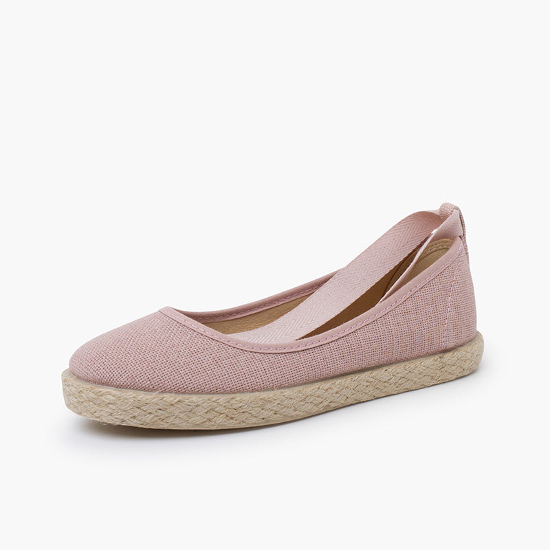 Alpargata niña tipo bailarina de lino con cinta color rosa palo