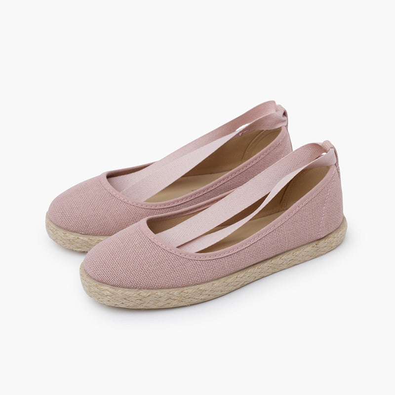Alpargata niña tipo bailarina de lino con cinta color rosa palo