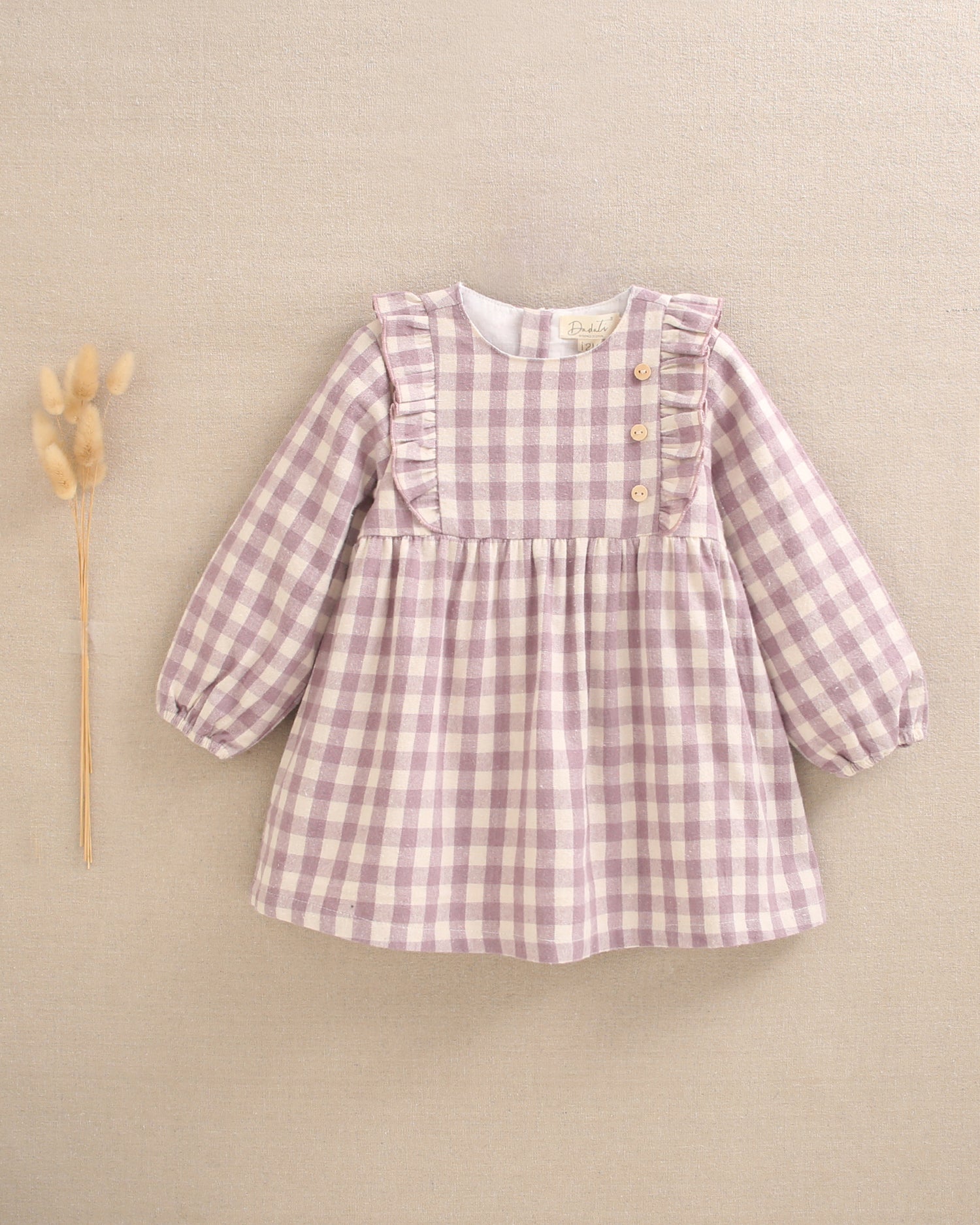 Vestido de bebé niña de cuadros malva y beige