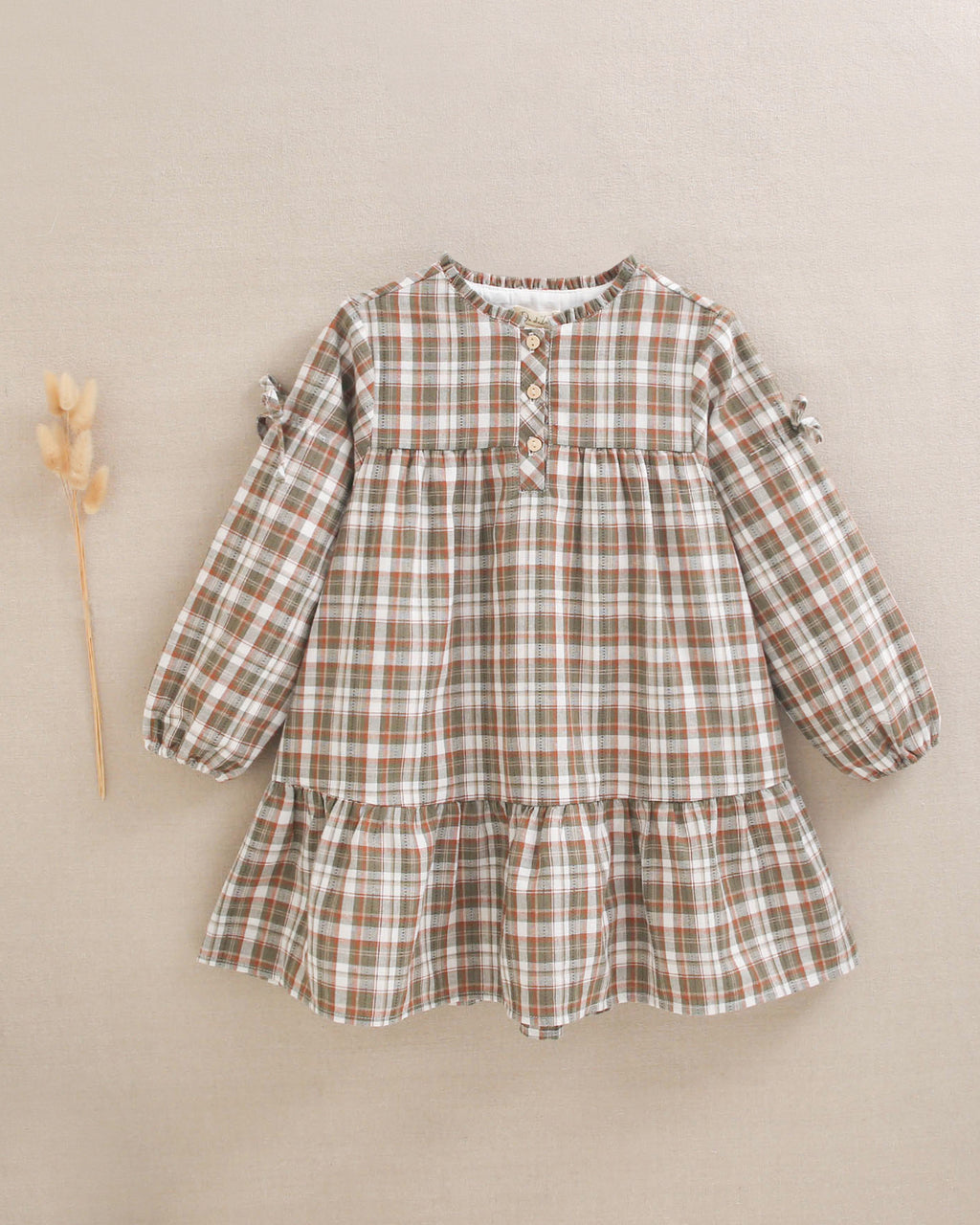 Vestido de niña de cuadros marrón y verde