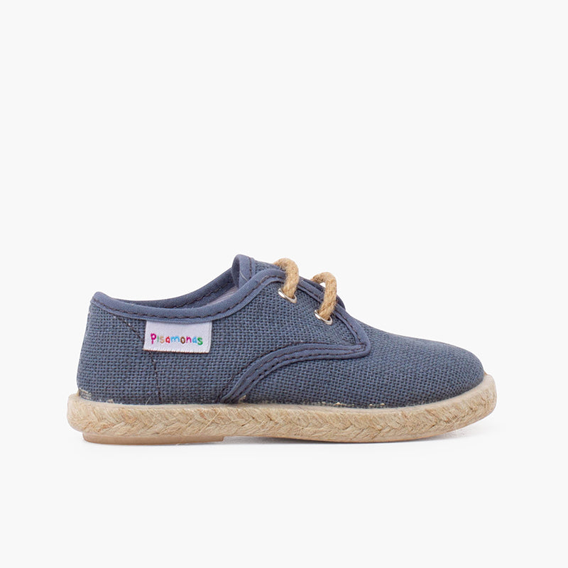 Alpargata niño lino tipo bluchers con cordones y base yute, color azul plomo