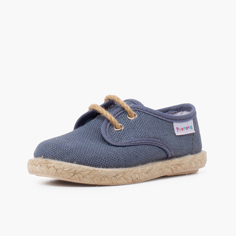 Alpargata niño lino tipo bluchers con cordones y base yute, color azul plomo