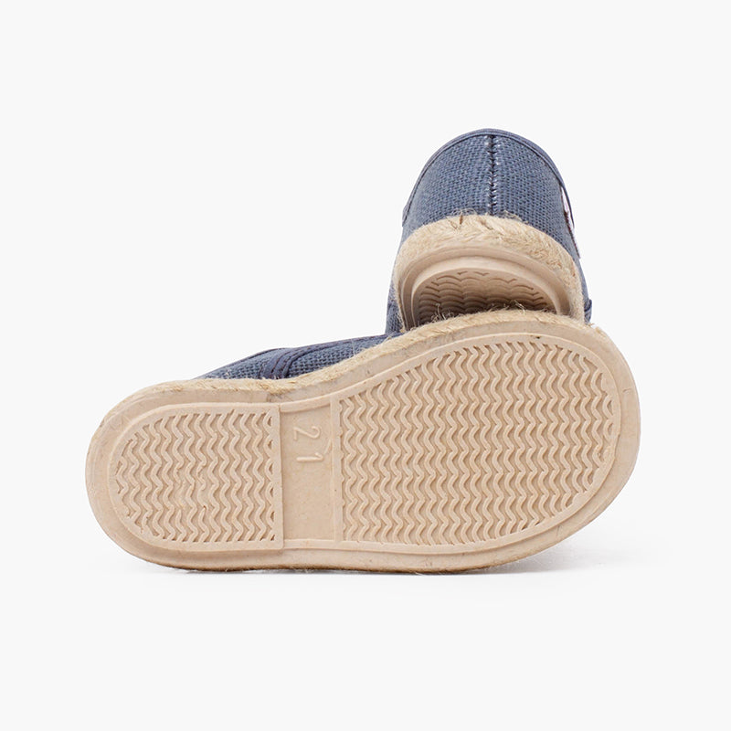Alpargata niño lino tipo bluchers con cordones y base yute, color azul plomo