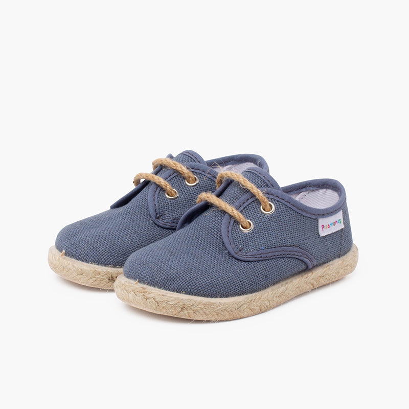 Alpargata niño lino tipo bluchers con cordones y base yute, color azul plomo