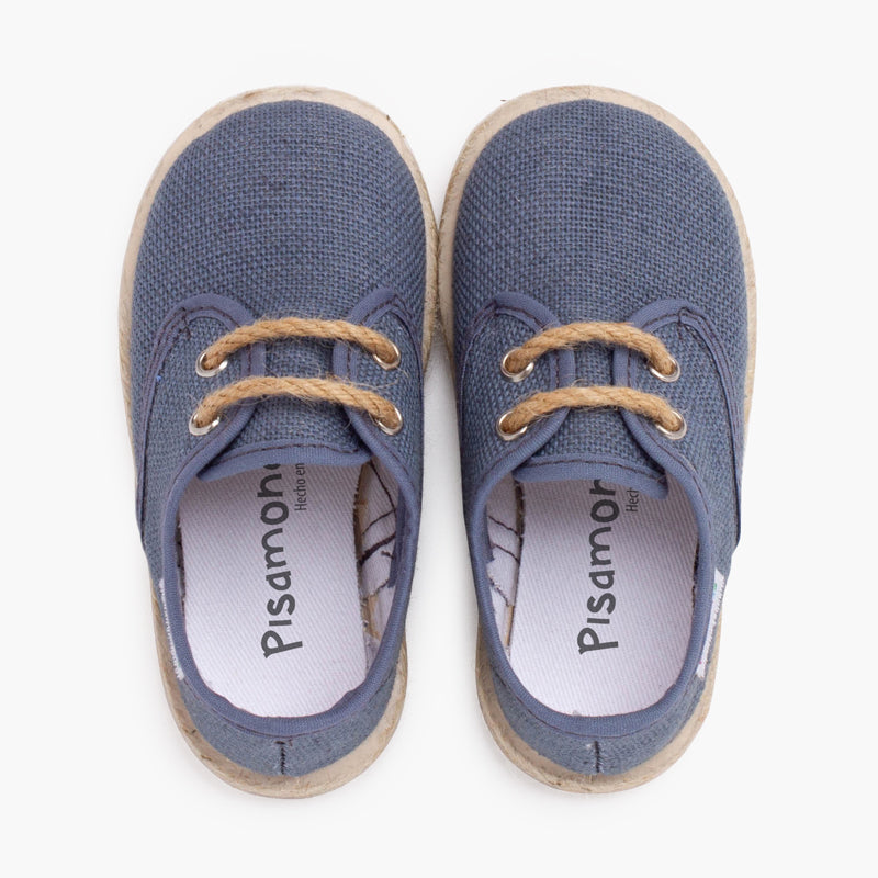 Alpargata niño lino tipo bluchers con cordones y base yute, color azul plomo