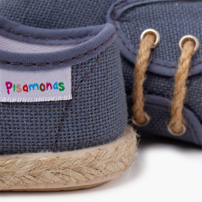 Alpargata niño lino tipo bluchers con cordones y base yute, color azul plomo