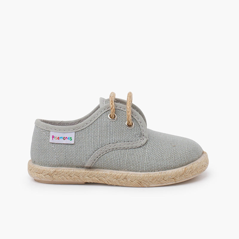 Alpargata niño lino tipo bluchers con cordones y base yute, color gris