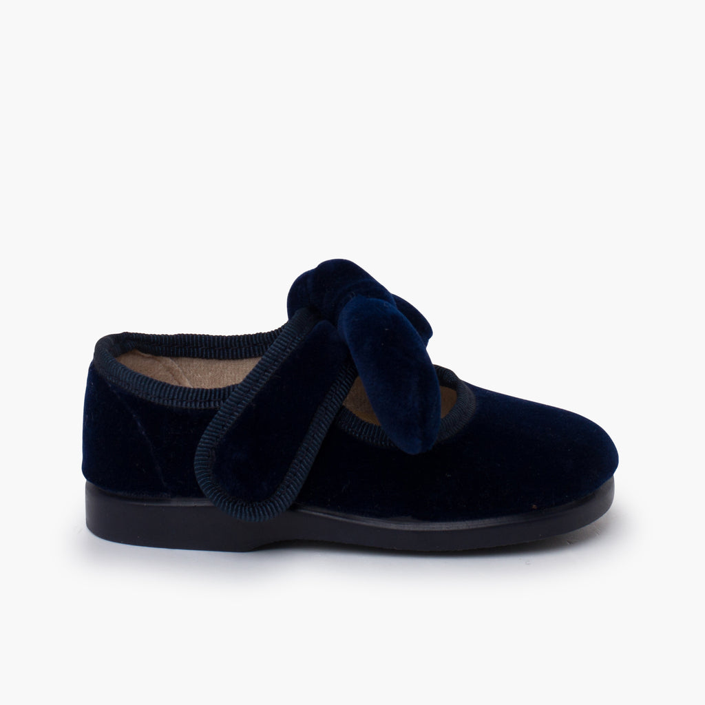 Zapato Niña Bailarina Terciopelo con Moño y Velcro color Azul Marino