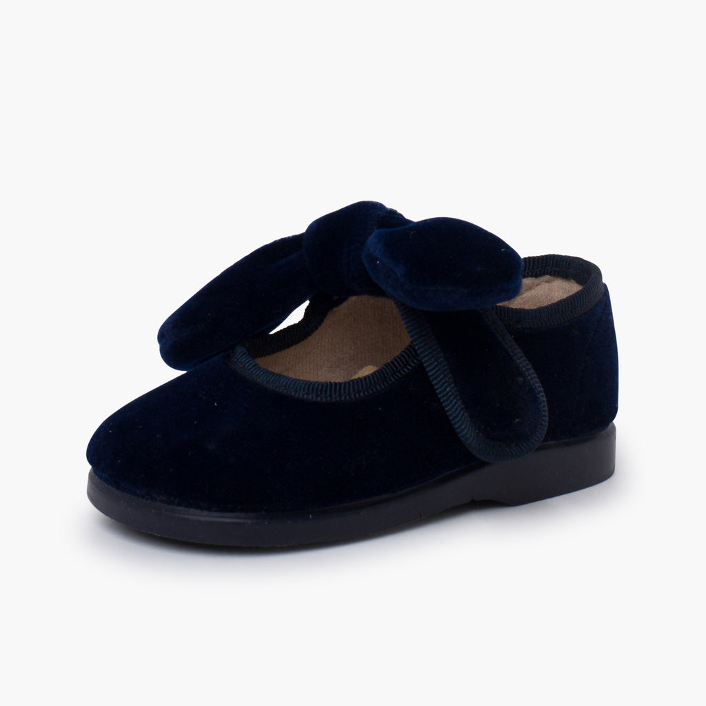 Zapato Niña Bailarina Terciopelo con Moño y Velcro color Azul Marino