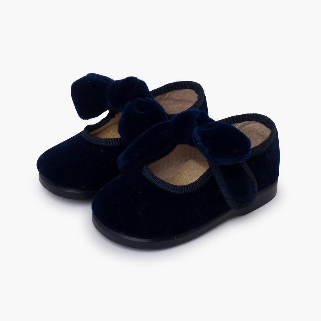 Zapato Niña Bailarina Terciopelo con Moño y Velcro color Azul Marino