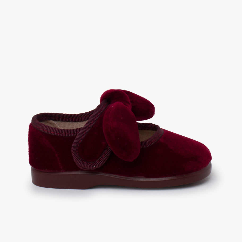Zapato Niña Bailarina Terciopelo con Moño y Velcro color Burdeo
