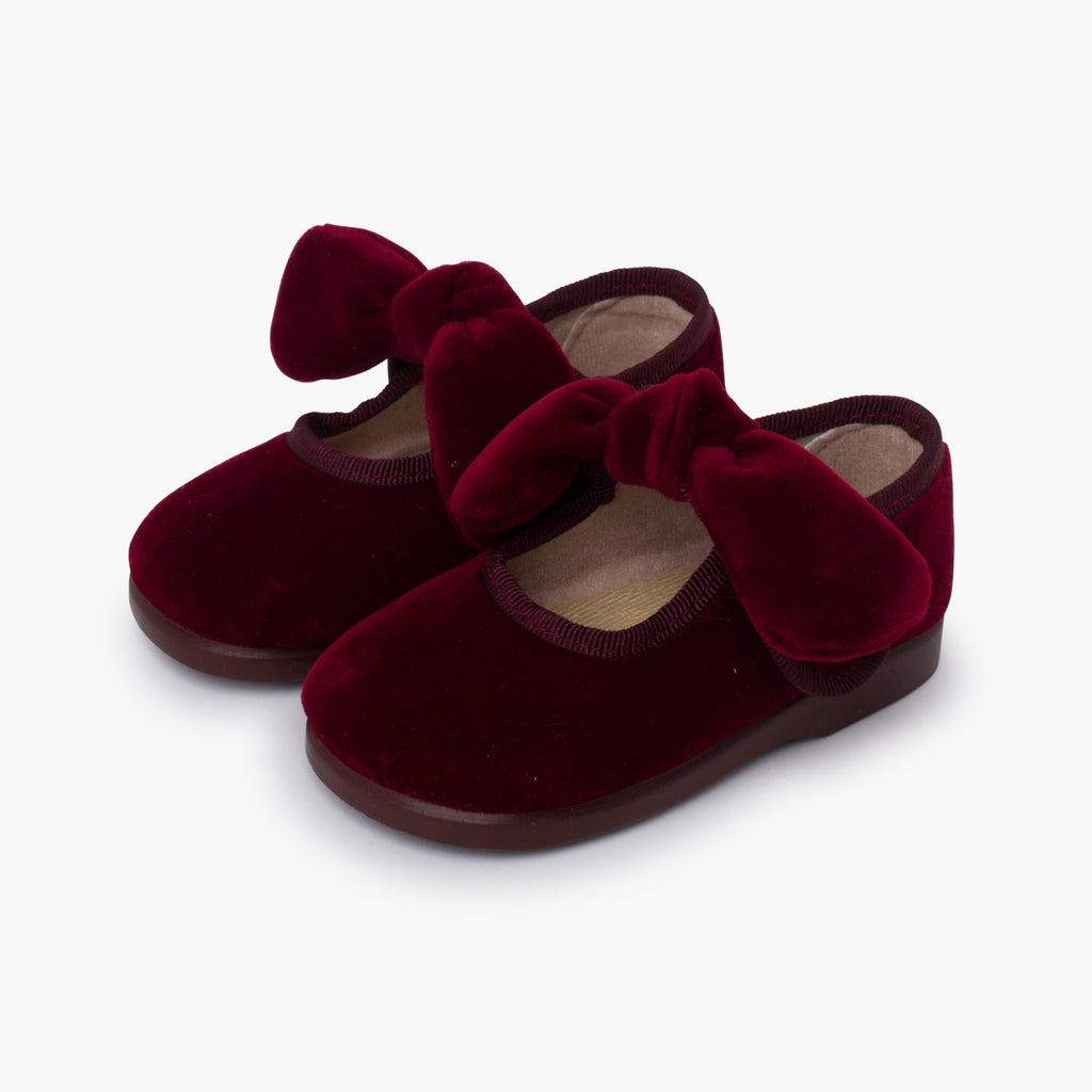 Zapato Niña Bailarina Terciopelo con Moño y Velcro color Burdeo