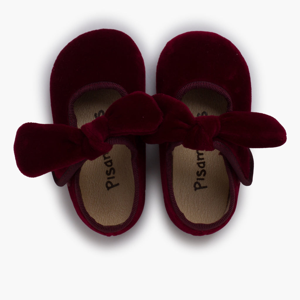 Zapato Niña Bailarina Terciopelo con Moño y Velcro color Burdeo