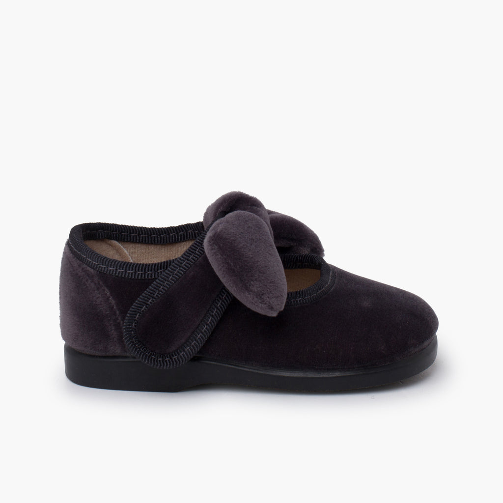 Zapato Niña Bailarina Terciopelo con Moño y Velcro color Gris