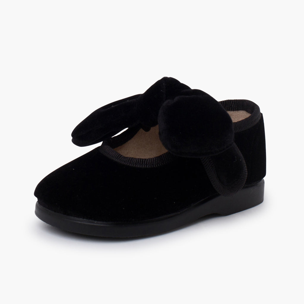 Zapato Niña Bailarina Terciopelo con Moño y Velcro color Negro