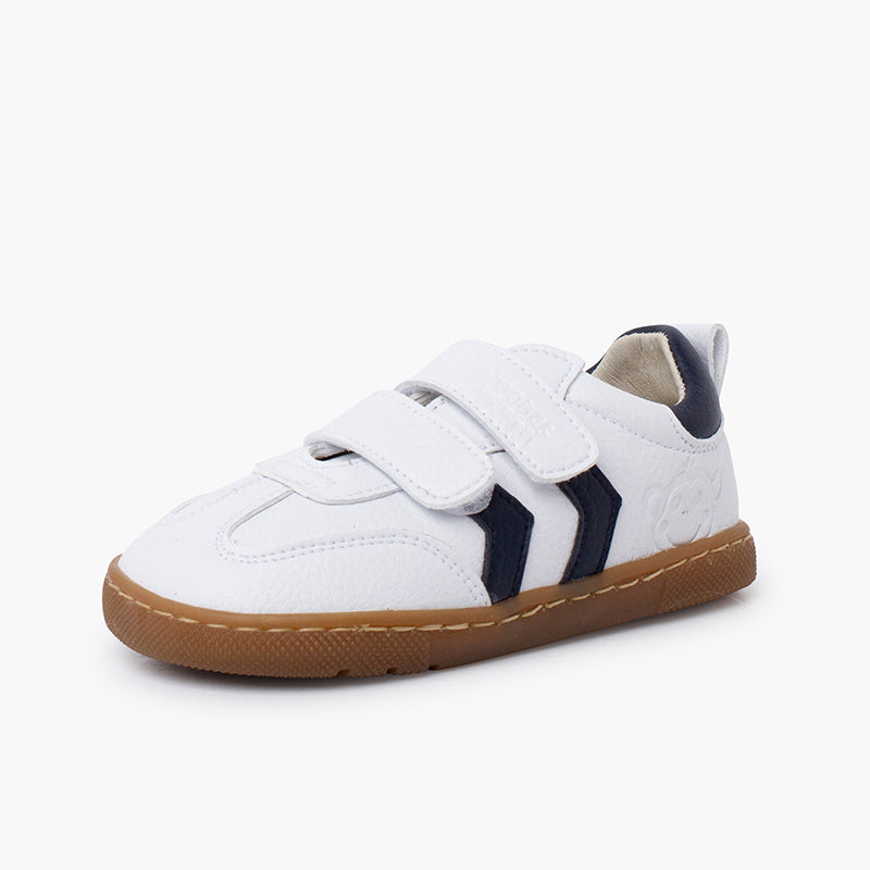 Zapatilla Niño Blanca Barefoot con Bandas Laterales color Azul Marino