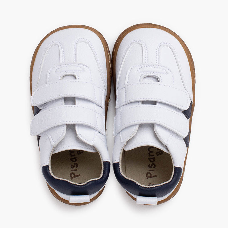 Zapatilla Niño Blanca Barefoot con Bandas Laterales color Azul Marino