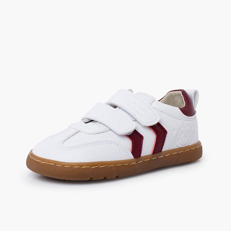 Zapatilla Niño Blanca Barefoot con Bandas Laterales color Burdeo