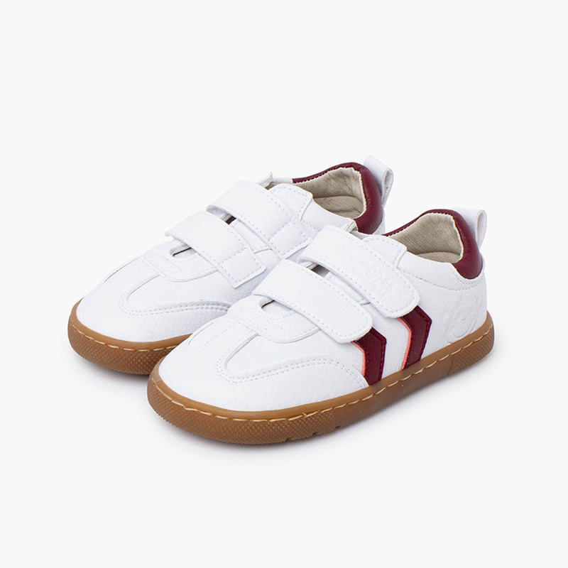Zapatilla Niño Blanca Barefoot con Bandas Laterales color Burdeo
