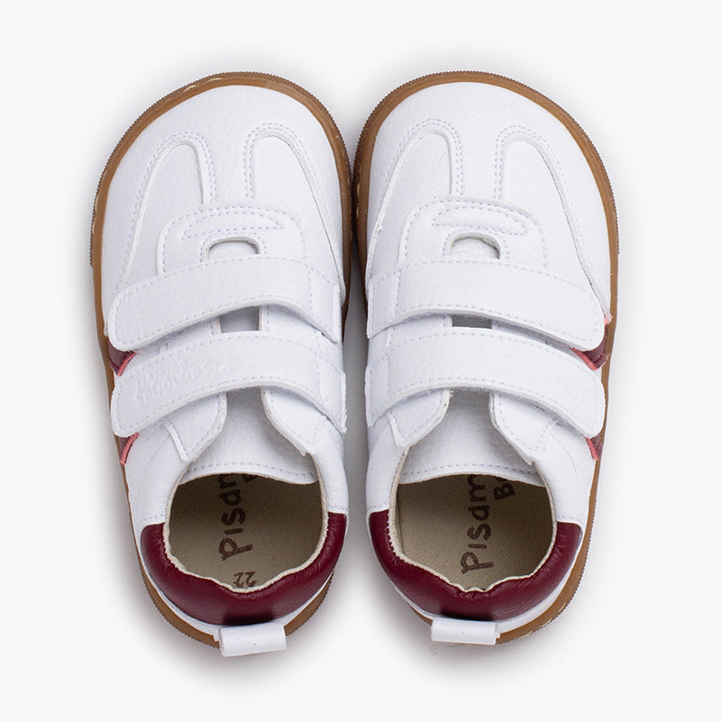 Zapatilla Niño Blanca Barefoot con Bandas Laterales color Burdeo