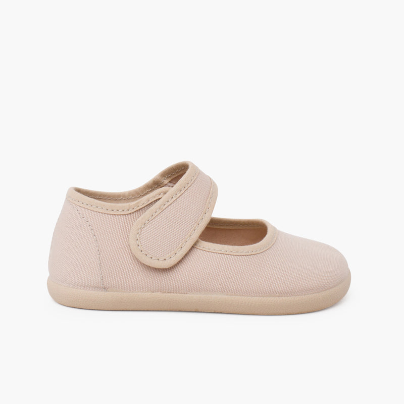 Merceditas niña estilo barefoot de lona con cierre ancho color arena