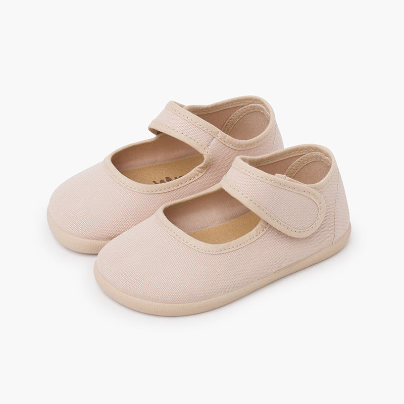 Merceditas niña estilo barefoot de lona con cierre ancho color arena