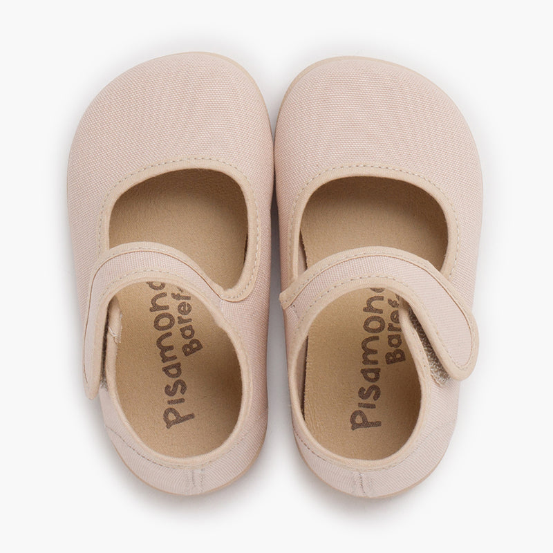 Merceditas niña estilo barefoot de lona con cierre ancho color arena
