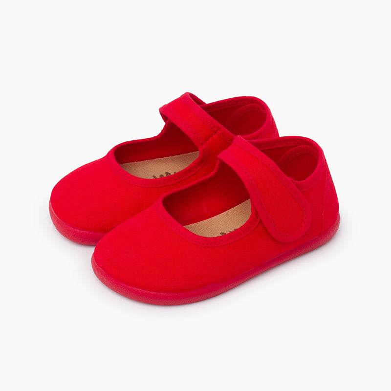 Merceditas niña estilo barefoot de lona con cierre ancho color rojo