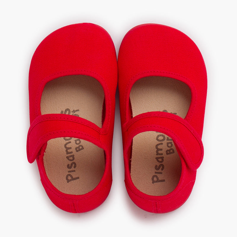 Merceditas niña estilo barefoot de lona con cierre ancho color rojo