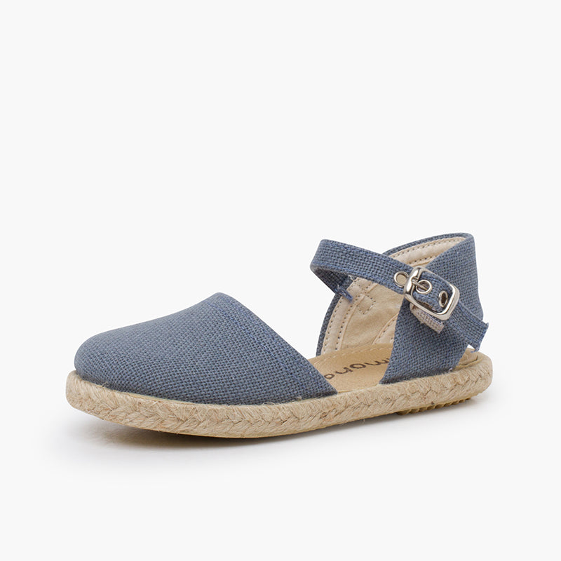 Alpargatas niña de lino con hebilla color azul francia