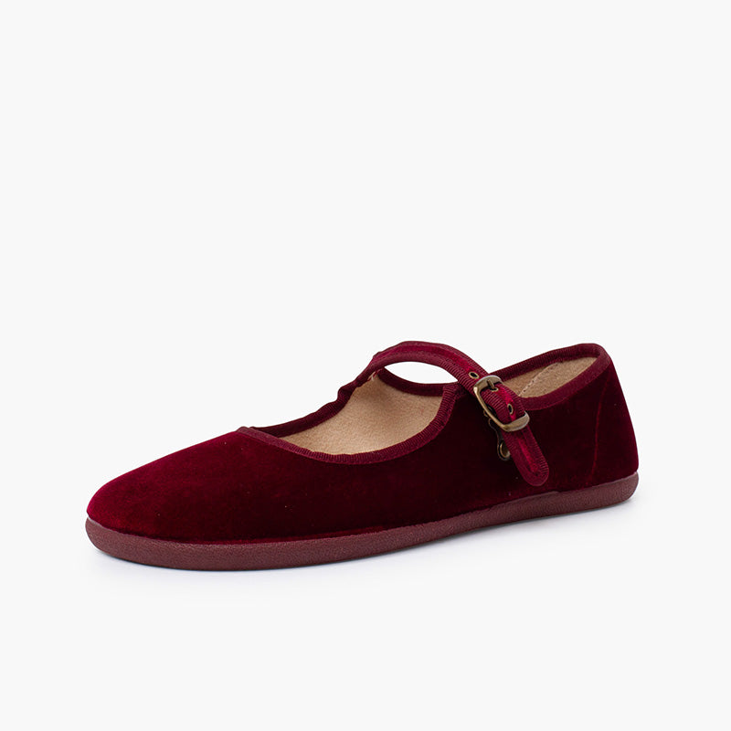 Zapato Mujer Bailarina Barefoot Terciopelo con Hebilla color Burdeo