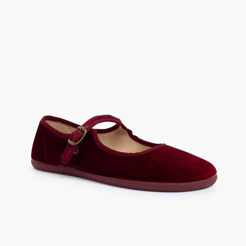 Zapato Mujer Bailarina Barefoot Terciopelo con Hebilla color Burdeo