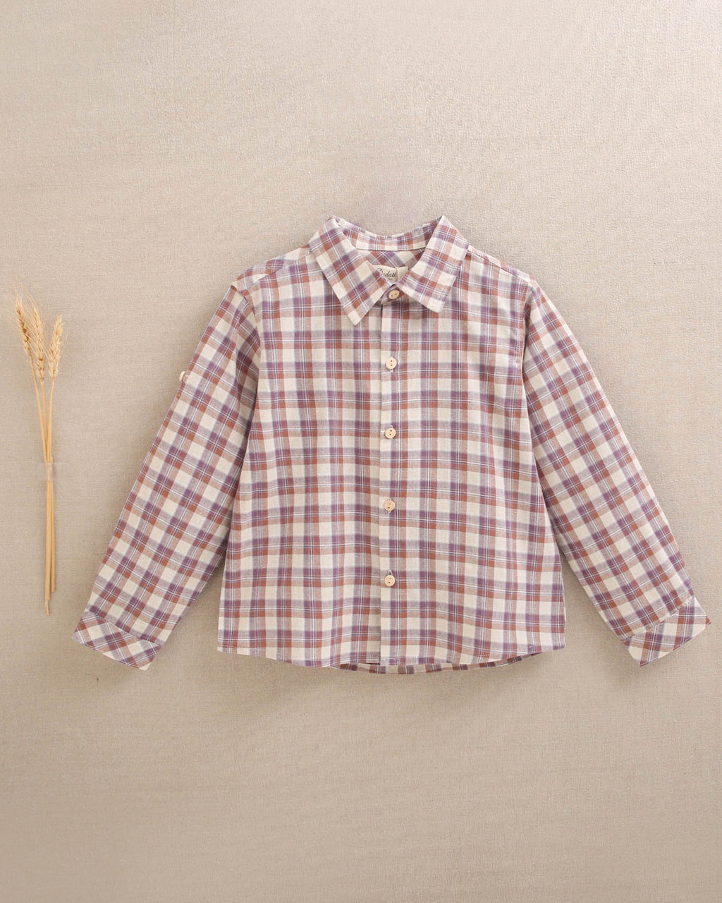 Camisa de niño de cuadros en beige, morado y teja