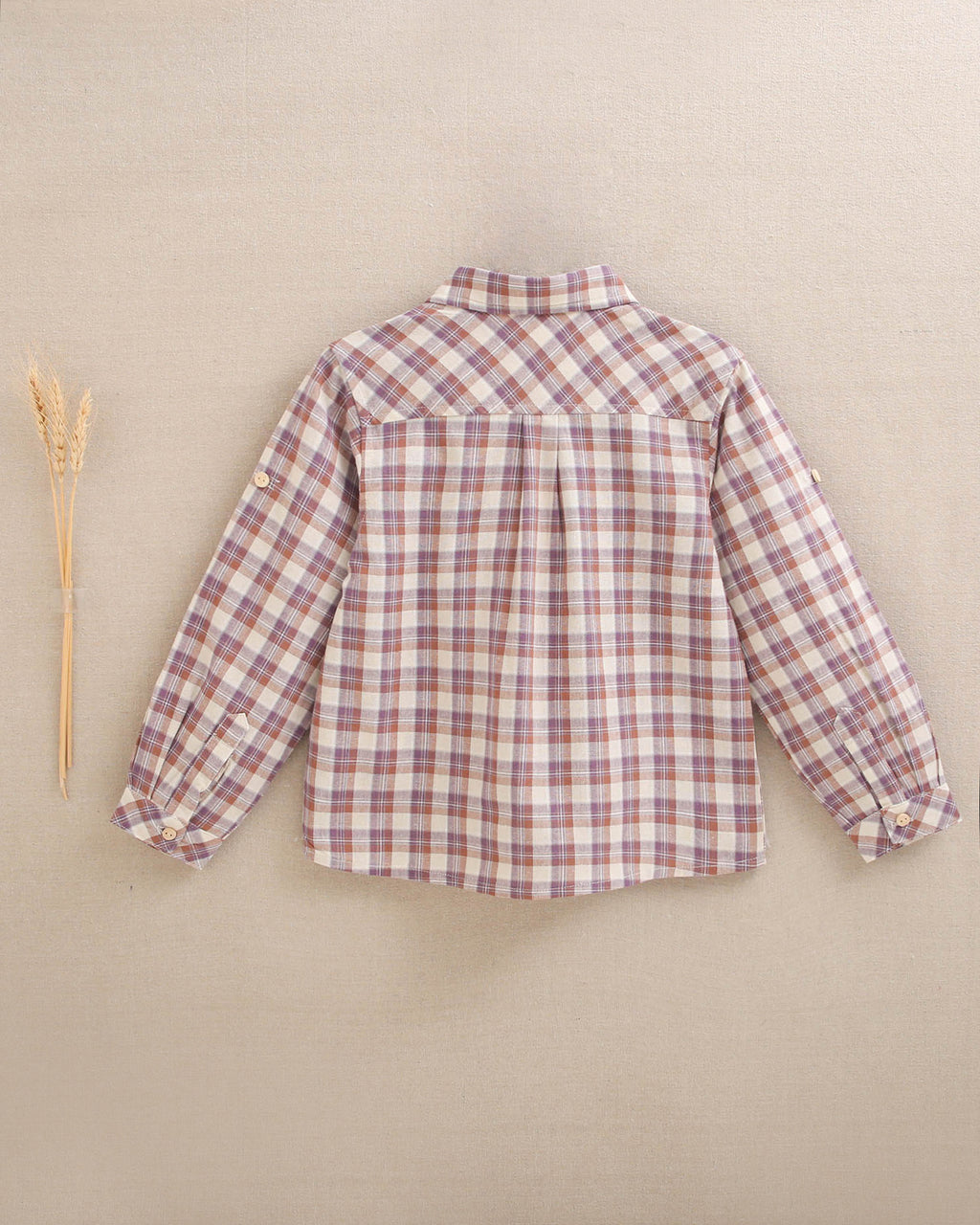 Camisa de niño de cuadros en beige, morado y teja