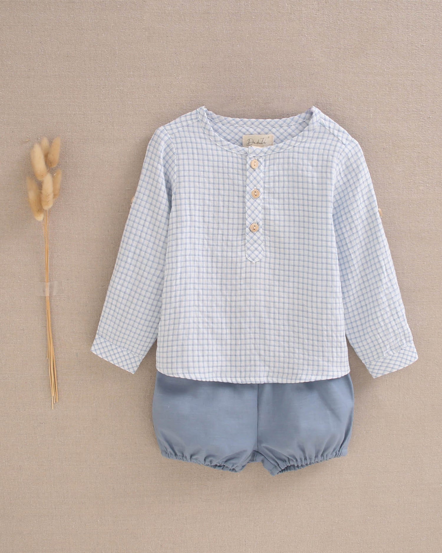 Conjunto bebé niño camisa cuadros vichy azul pastel y short azul