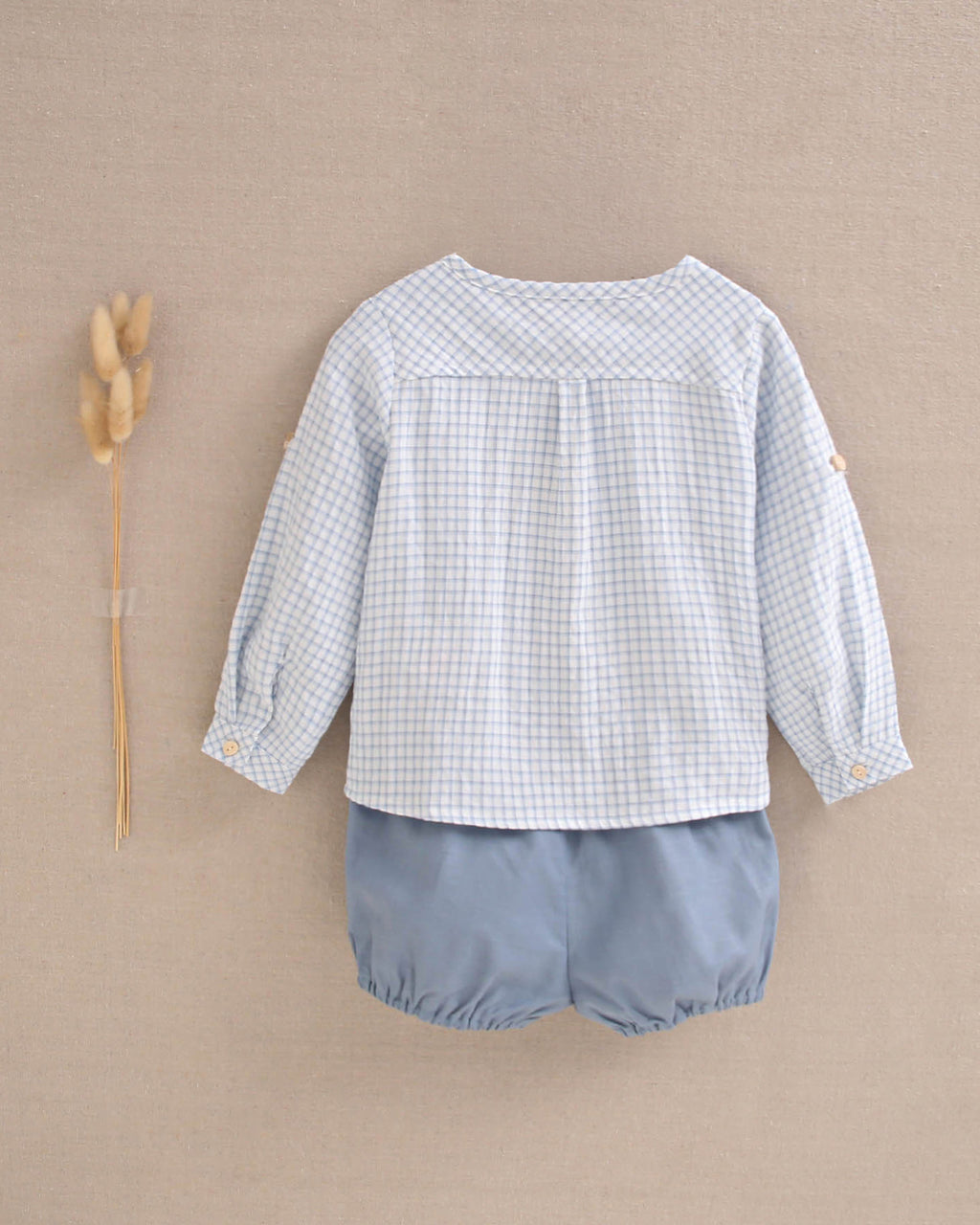 Conjunto bebé niño camisa cuadros vichy azul pastel y short azul