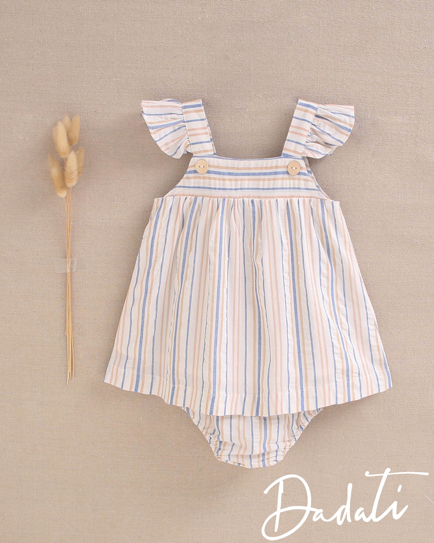 Vestido bebé niña rayado coral, azulino y blanco