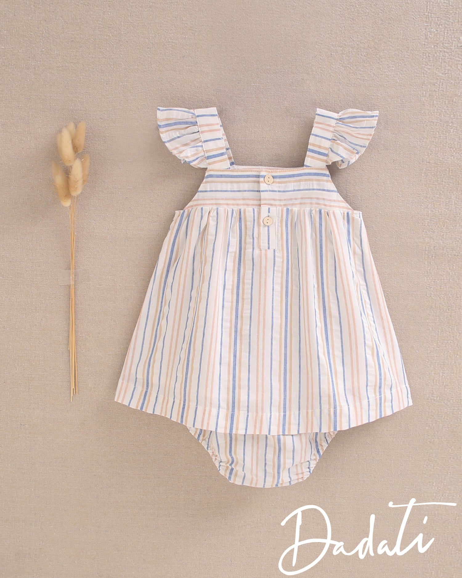 Vestido bebé niña rayado coral, azulino y blanco