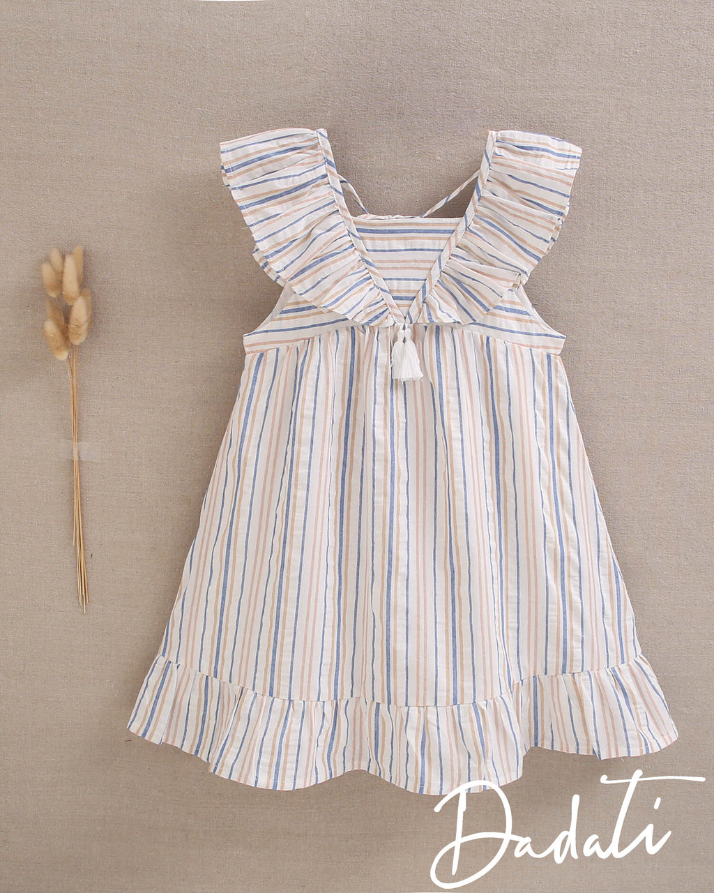 Vestido niña rayado coral, azulino y blanco