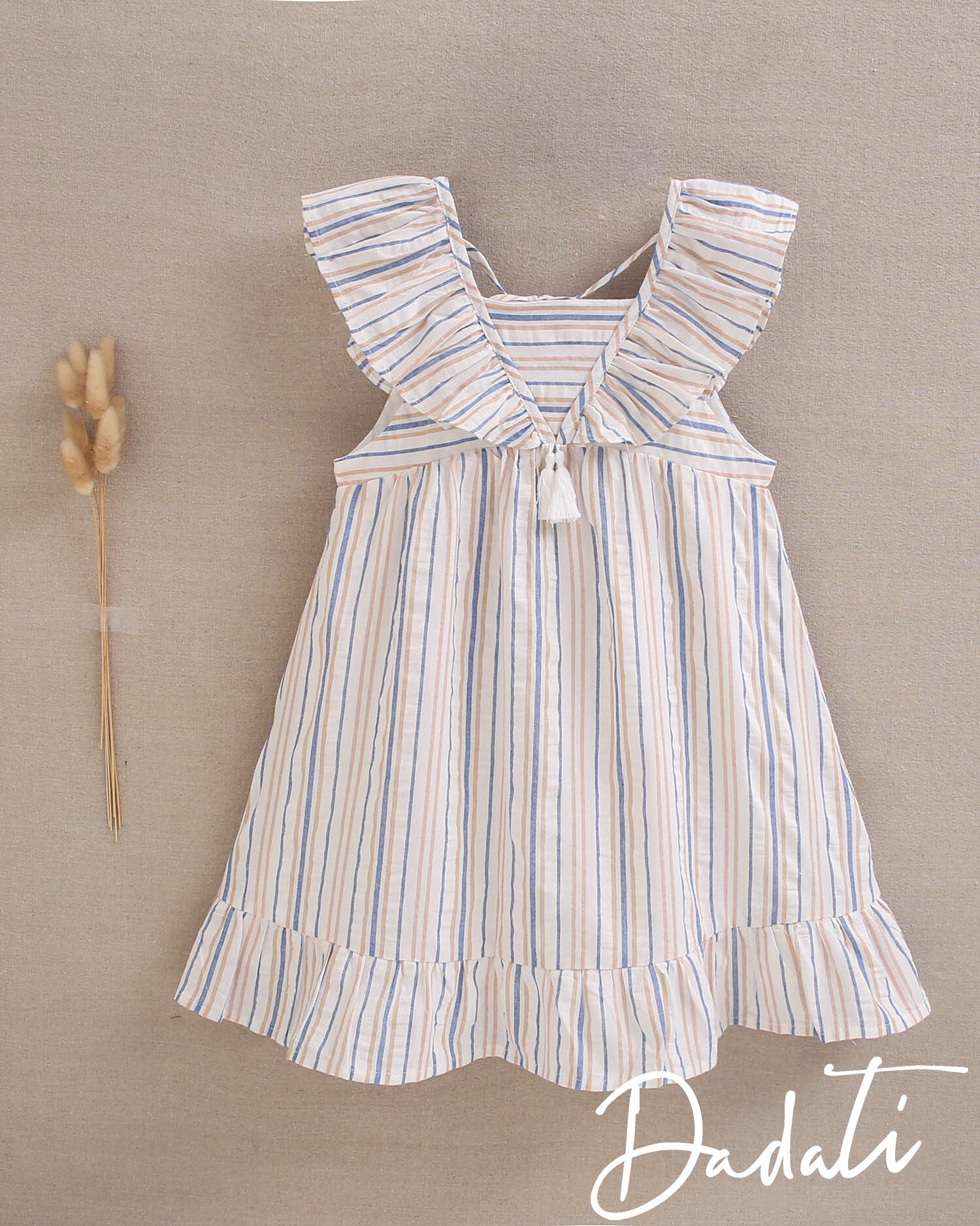 Vestido niña rayado coral, azulino y blanco