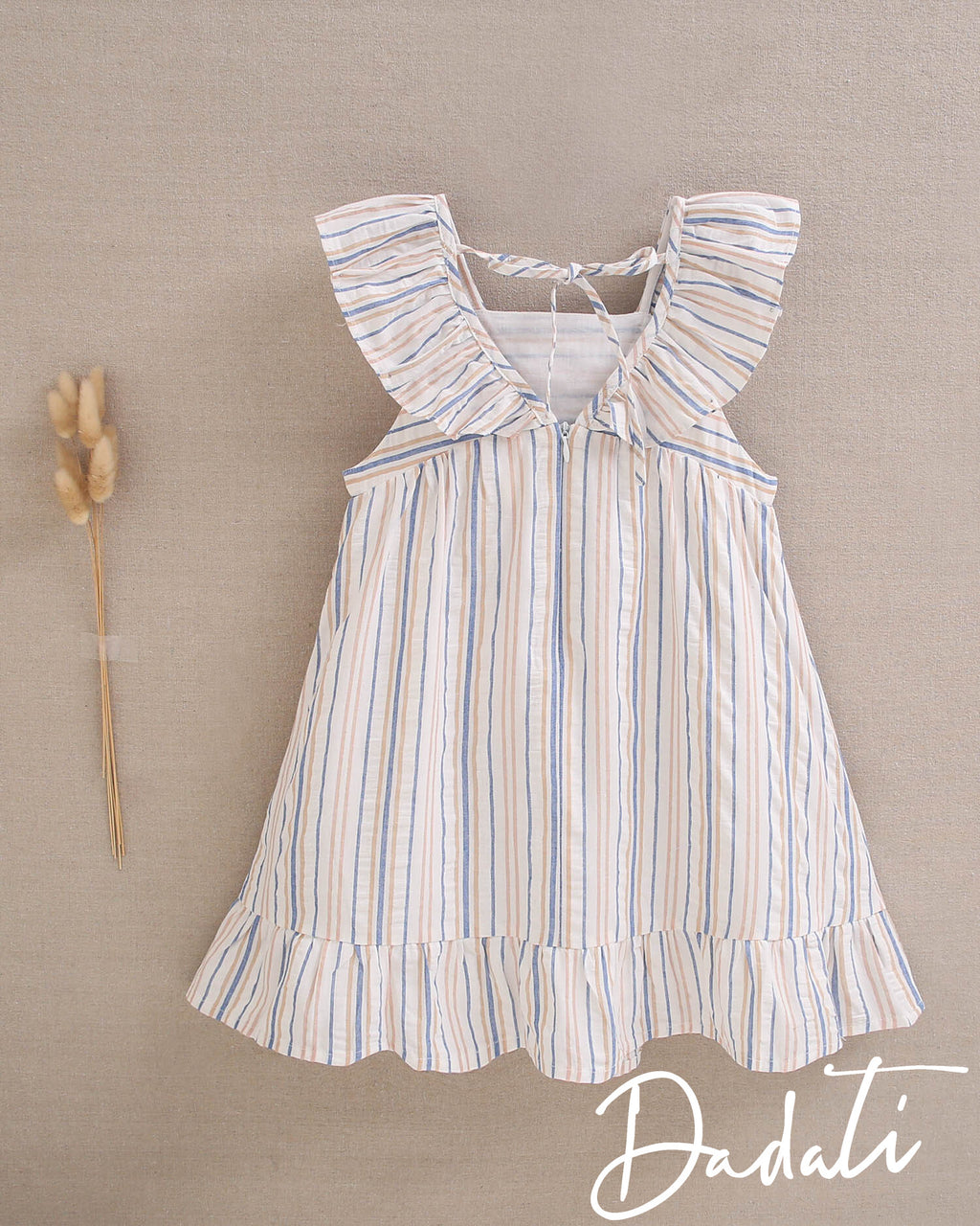 Vestido niña rayado coral, azulino y blanco