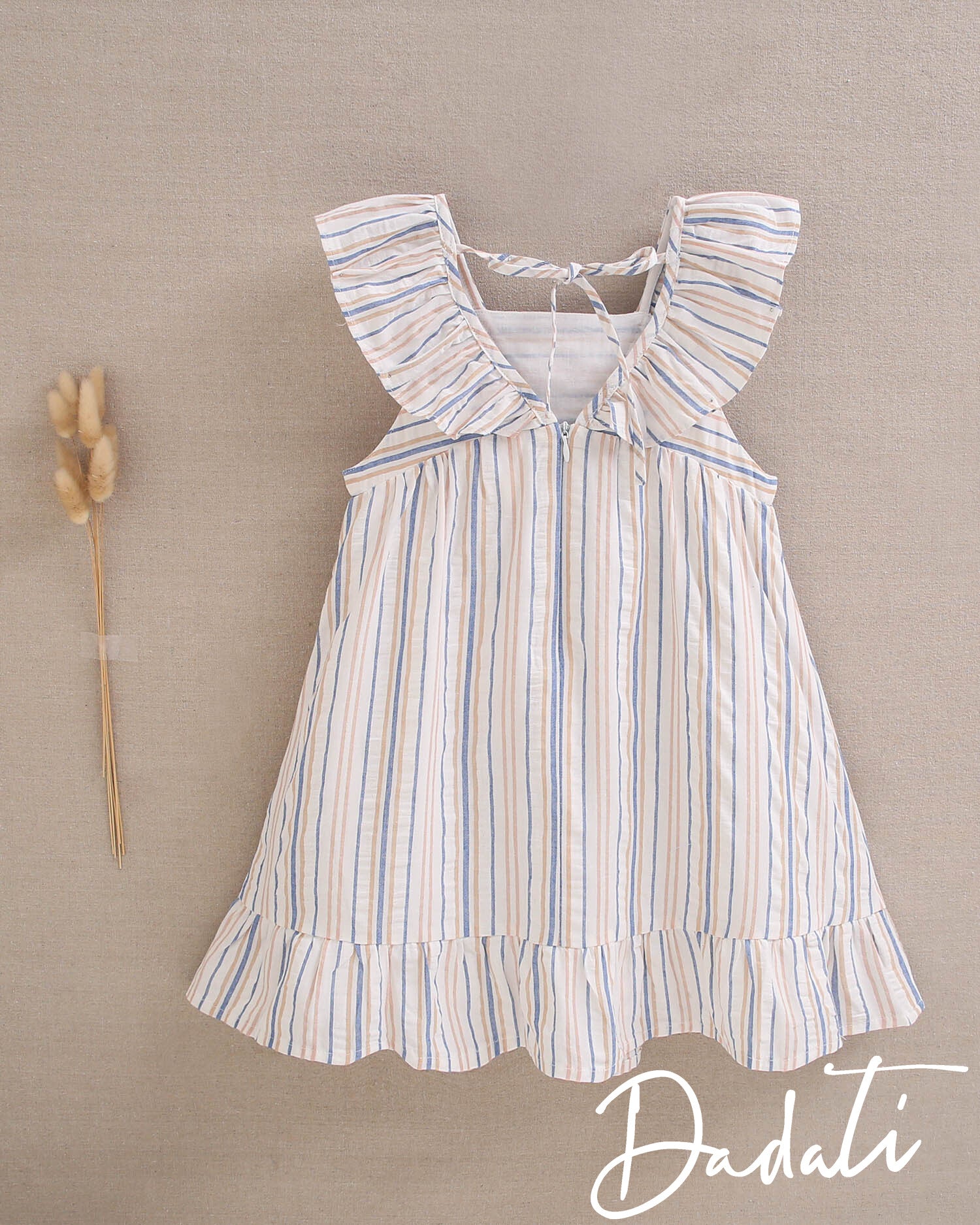 Vestido niña rayado coral, azulino y blanco