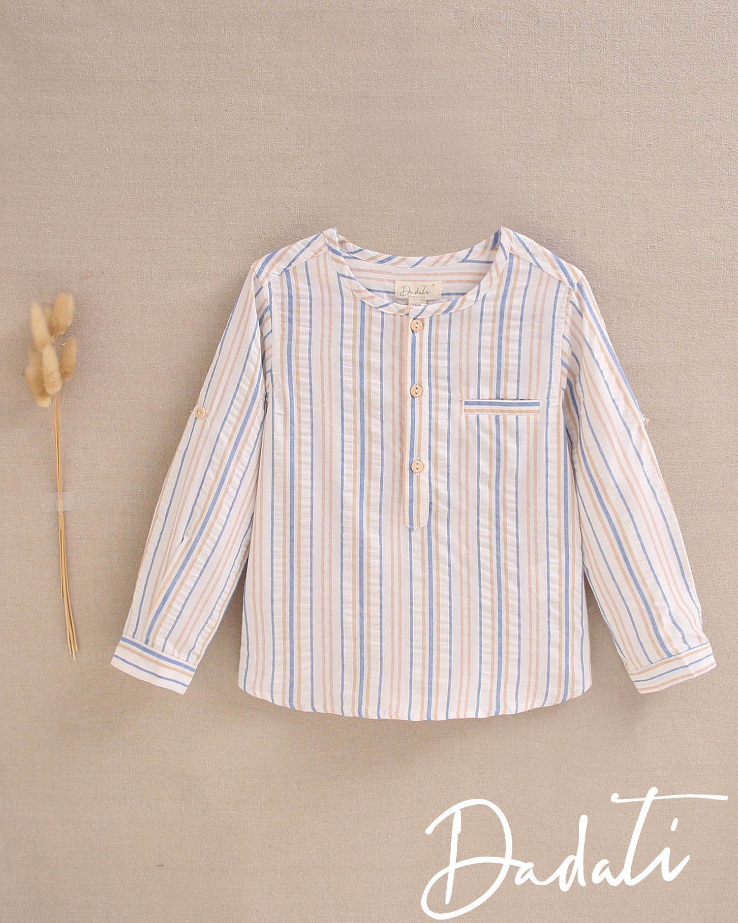 Camisa niño rayado coral, azulino y blanco