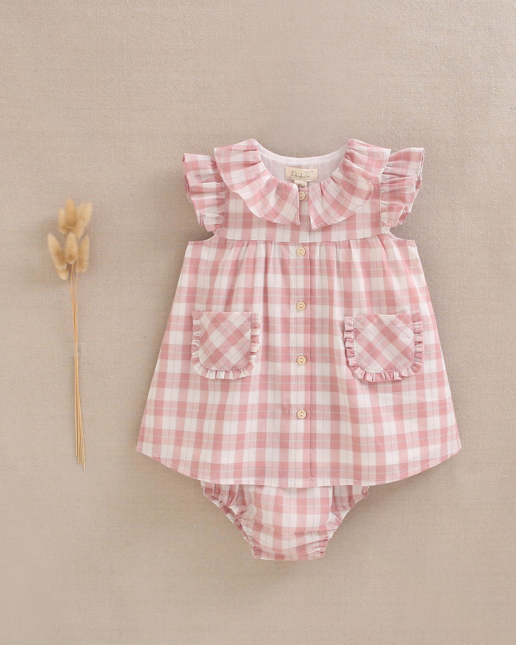 Vestido bebé niña de cuadro vichy rosa con bolsillos