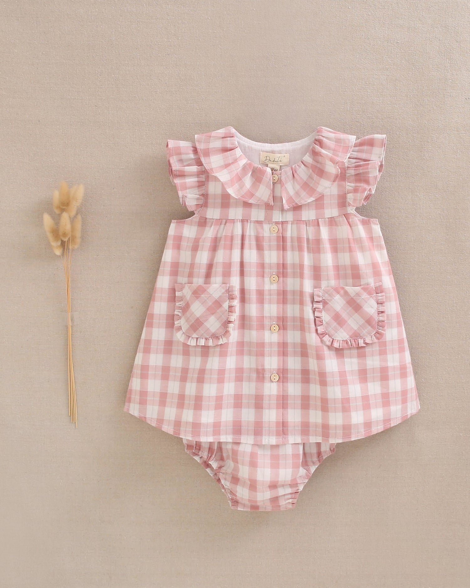 Vestido bebé niña de cuadro vichy rosa con bolsillos