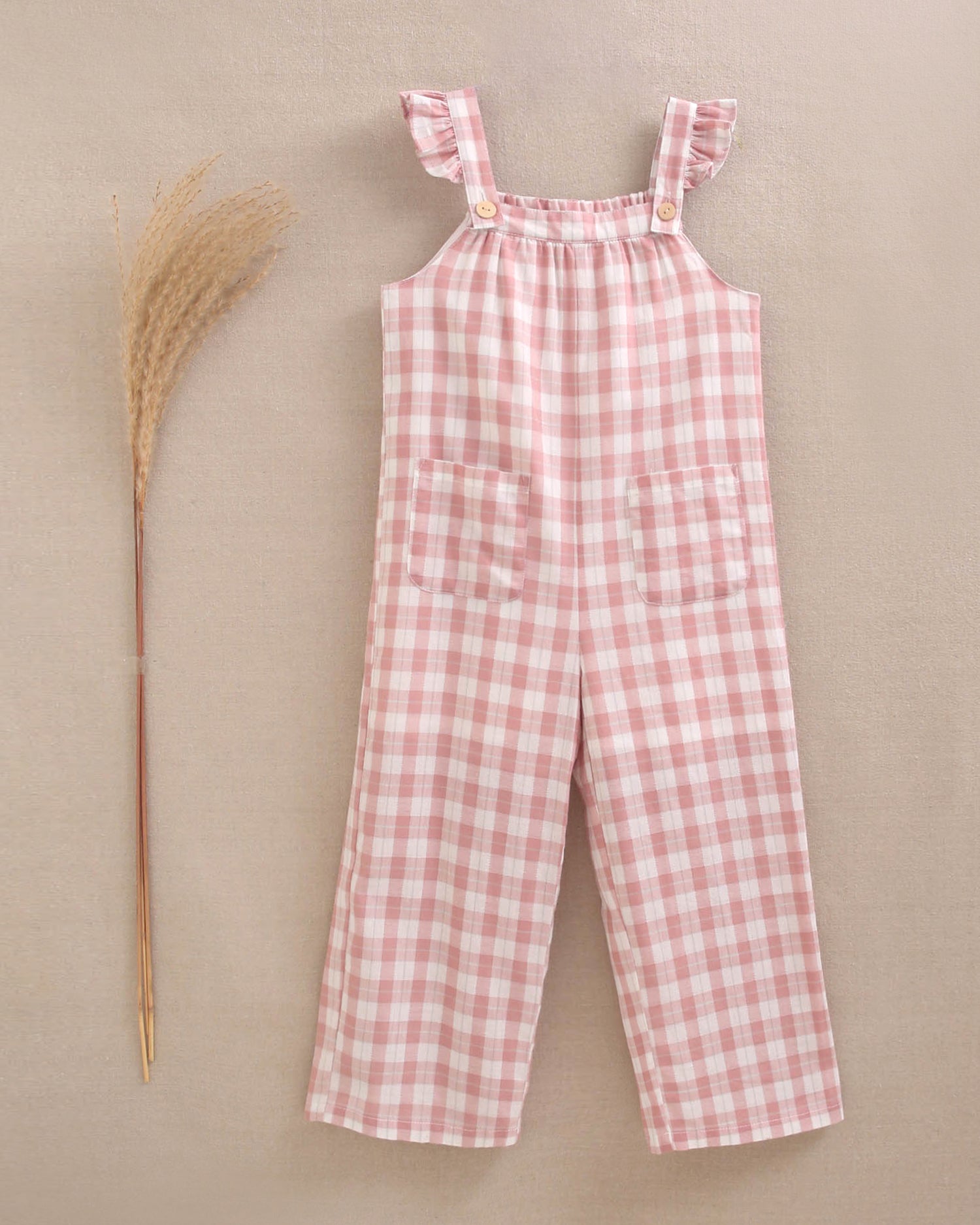 Enterito niña largo de cuadro vichy rosa con bolsillos