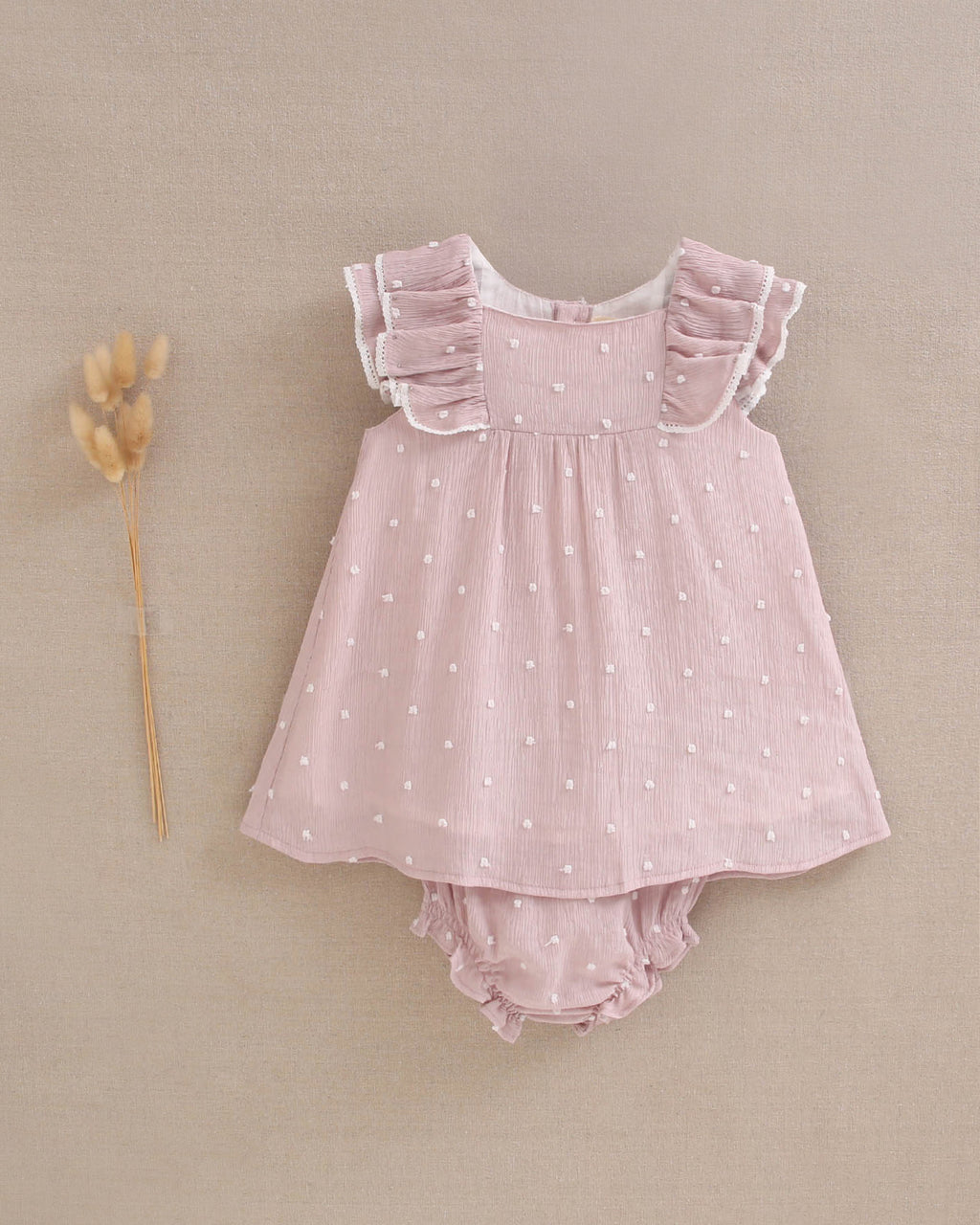 Vestido bebé niña plumeti rosa con mini topitos