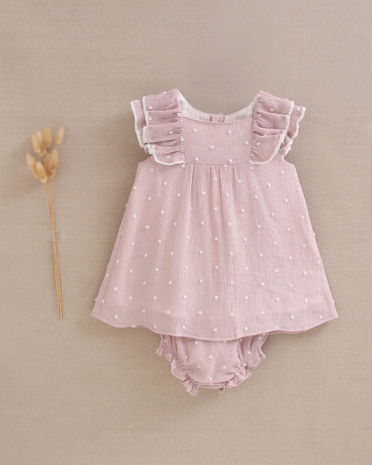 Vestido bebé niña plumeti rosa con mini topitos